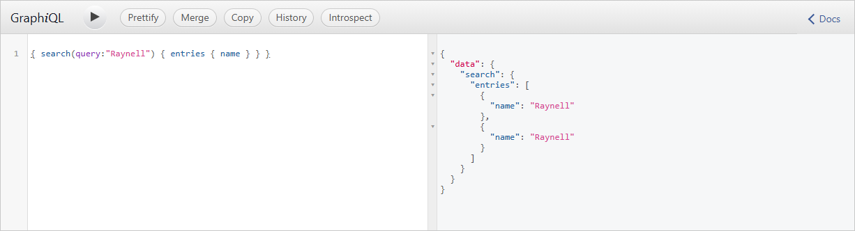 GraphiQL with a search query for Raynell requesting entry names, and the result listing two entries named Raynell