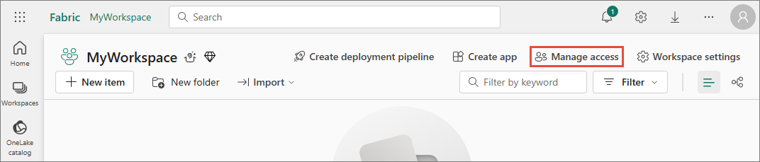 Fabric workspace toolbar with Manage access highlighted