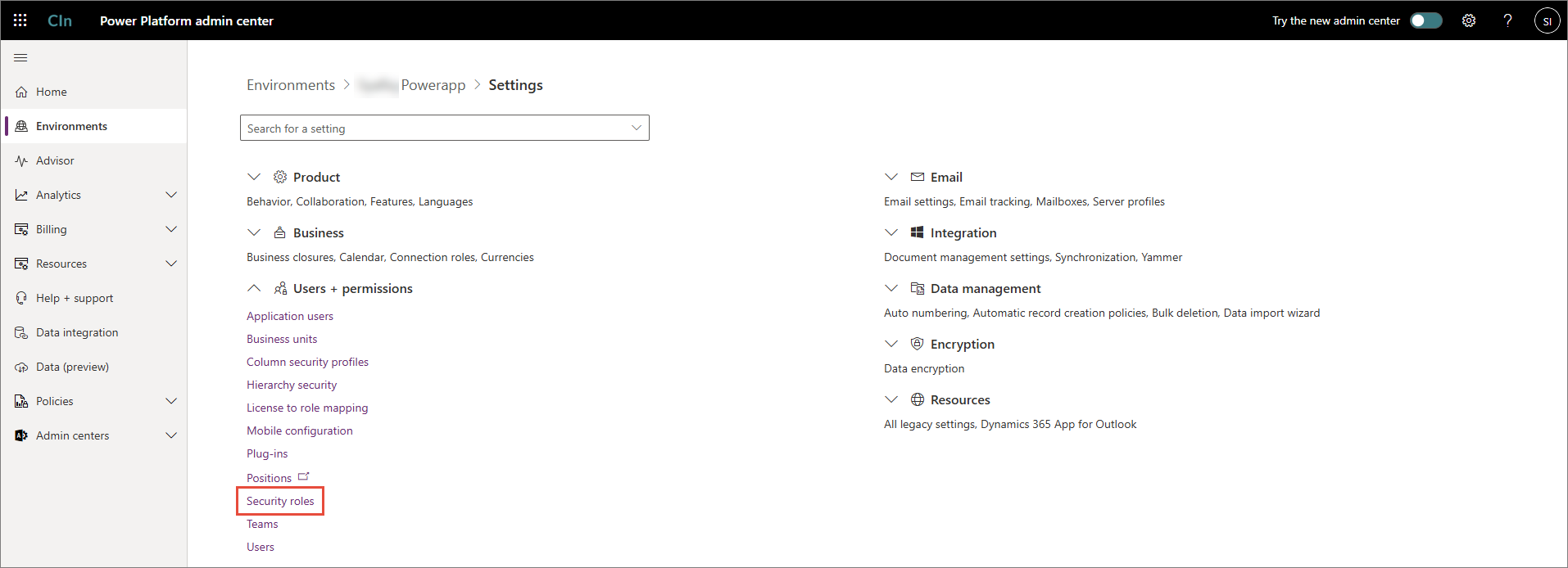 Environment Settings page with Users + permissions expanded and Security roles highlighted