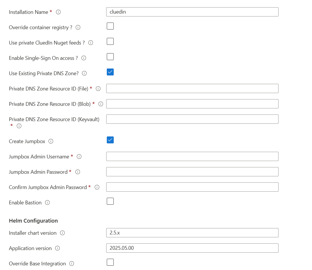 Advanced tab with Installation Name, Use Existing Private DNS Zone and Create Jumpbox selected, private DNS zone and Jumpbox credential fields, Enable Bastion, and Helm configuration