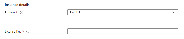 Instance details section with Region East US and an empty License Key field