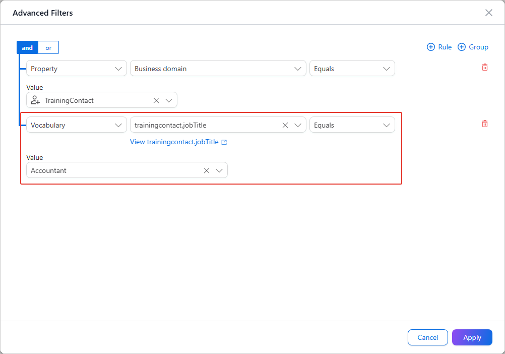 Advanced Filters dialog with a second rule highlighted: vocabulary key trainingcontact.jobTitle Equals Accountant