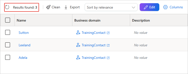 Search results showing Results found: 3, the TrainingContact records Sutton, Leeland and Adela