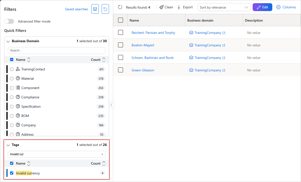 Search results filtered by the Invalid currency tag in the Tags filter, showing four TrainingCompany golden records