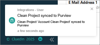 A CluedIn notification: Clean Project Account Clean Project synced to Purview