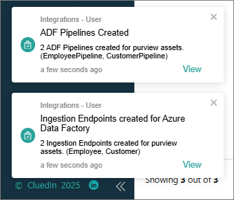 CluedIn notifications: ADF Pipelines Created for two Purview assets, and Ingestion Endpoints created for Azure Data Factory